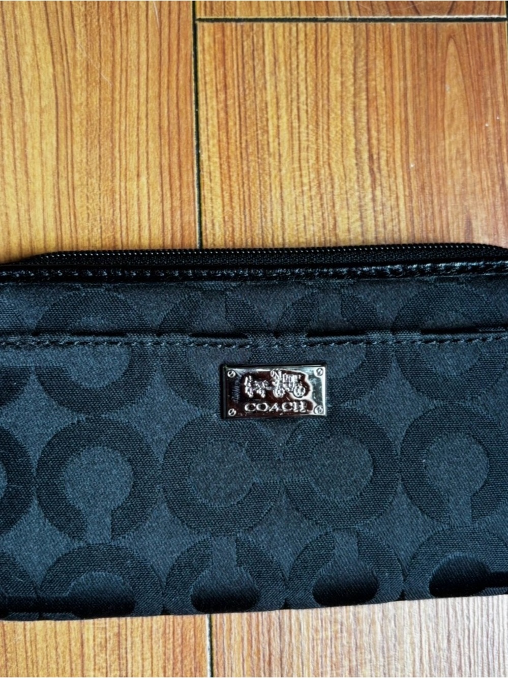 Coach Black Signature Jacquard Wristlet with Metal Plaque
